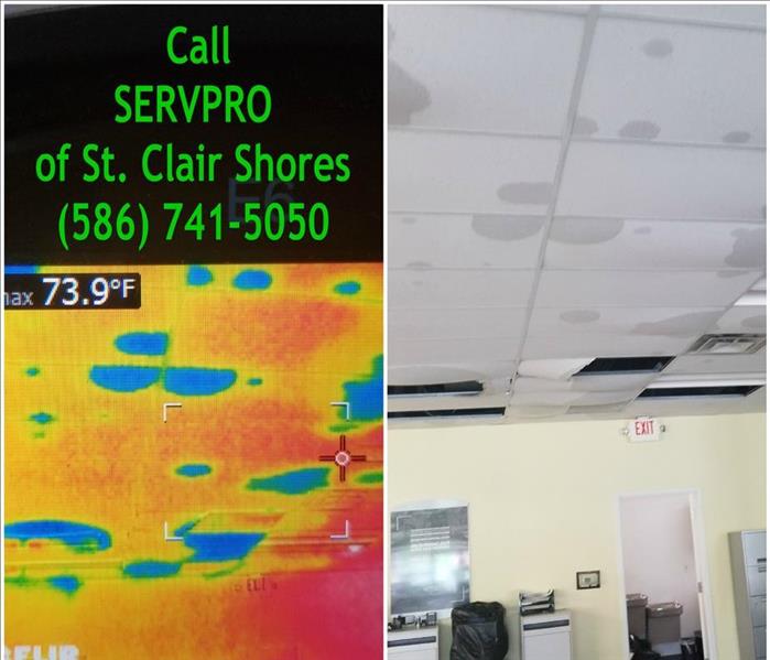 Water Damage in Business with Falling Ceiling tiles and thermal image of water damage